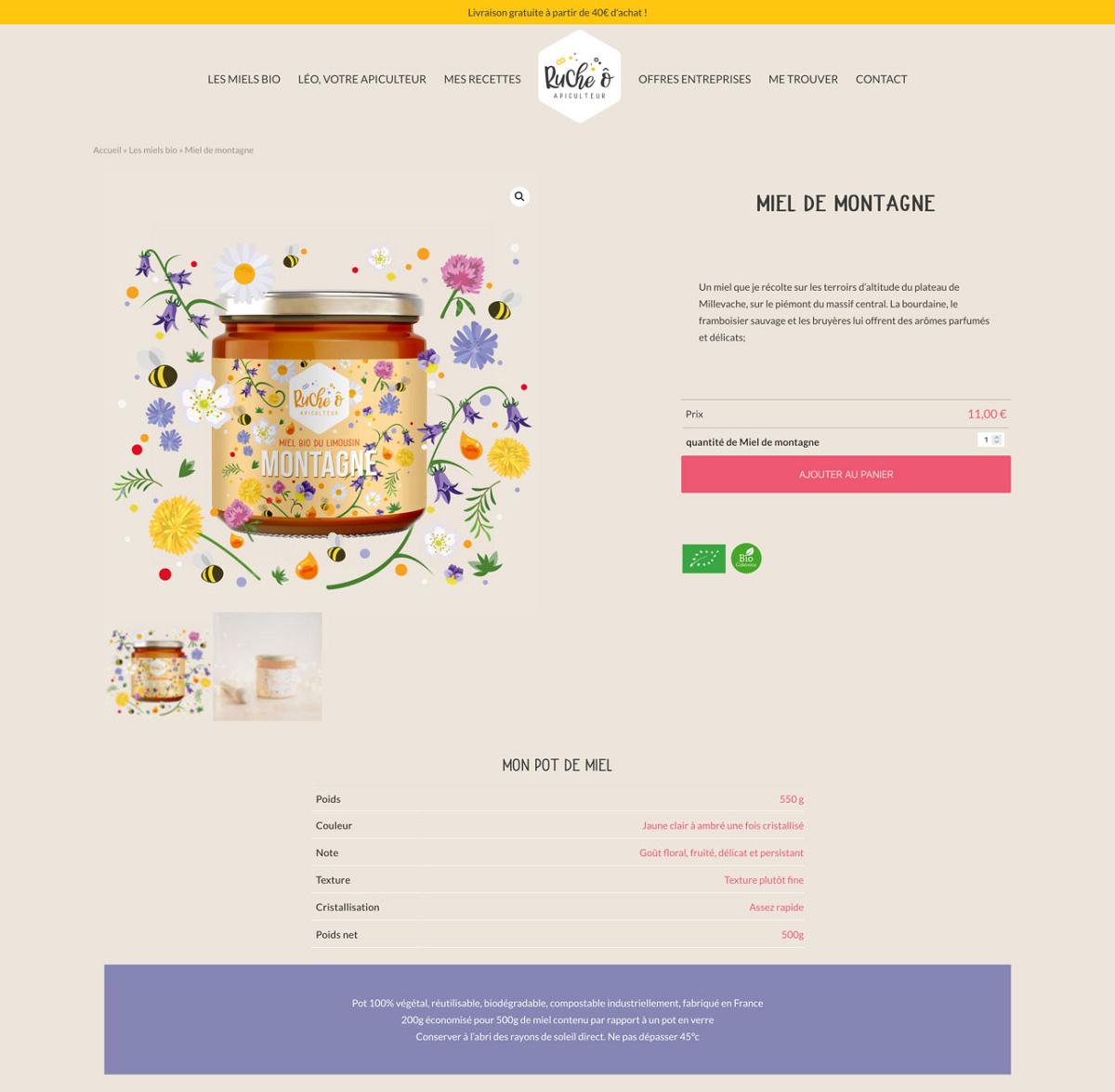 Page produit miel bio sous Woocommerce